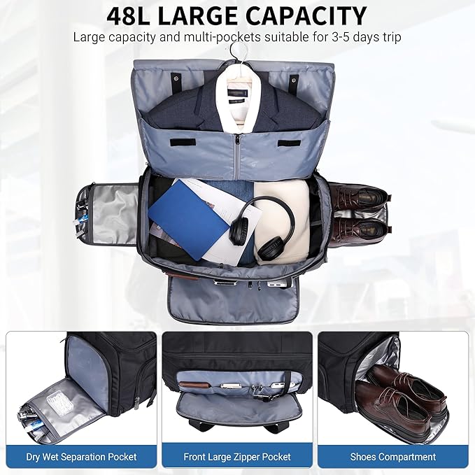 WITZMAN Mens Garment Duffle Bags for Travel Convertible Carry-on Suit Garment Bag for Men Hanging Clothes with Shoe Compartment（B724 Black）