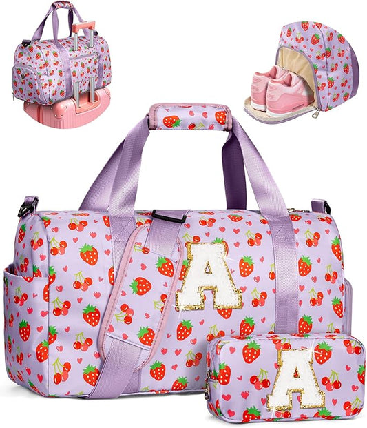Birthday Gifts for 4 5 6 7 8 9 10 11 12 13 Year Old Girls, Initial Duffle Bag for Kids, Cute Dance Bag for Girls, Overnight Sleepover Gym Bag with Shoe Compartment & Wet Separation