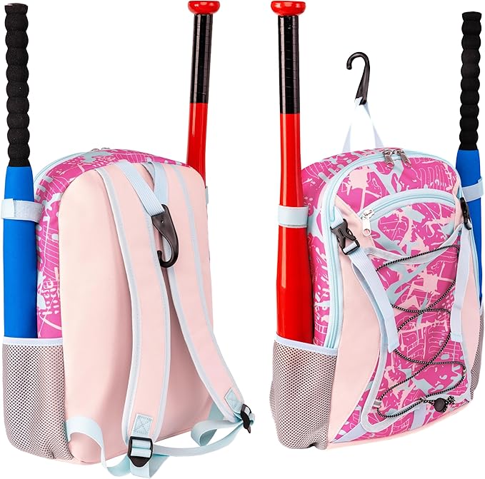 Youth Baseball Bat Bag Backpack, T-Ball & Softball Equipment Gear for Youth with Fence Hook, Lightweight Baseball Bat Backpack, Large Main Compartment for Helmet