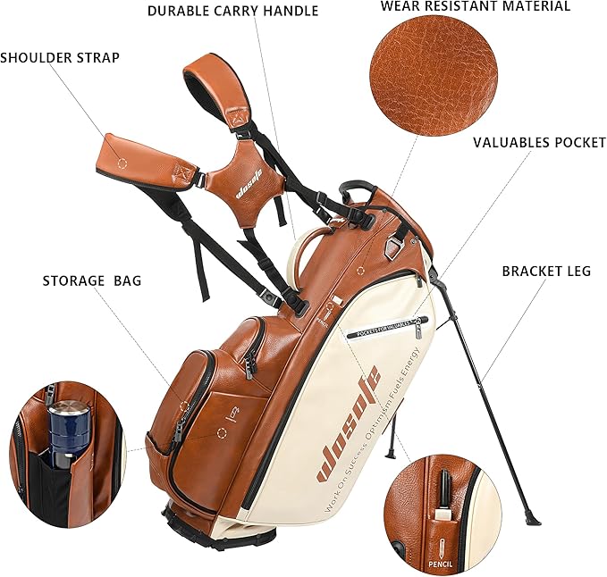 WOSOFE PU Golf Bag with 6/14 Way Top Dividers Automatically Adjustable Dual Straps Elegant Design for Men Women Pu Golf Stand Bag with Multiple Pockets