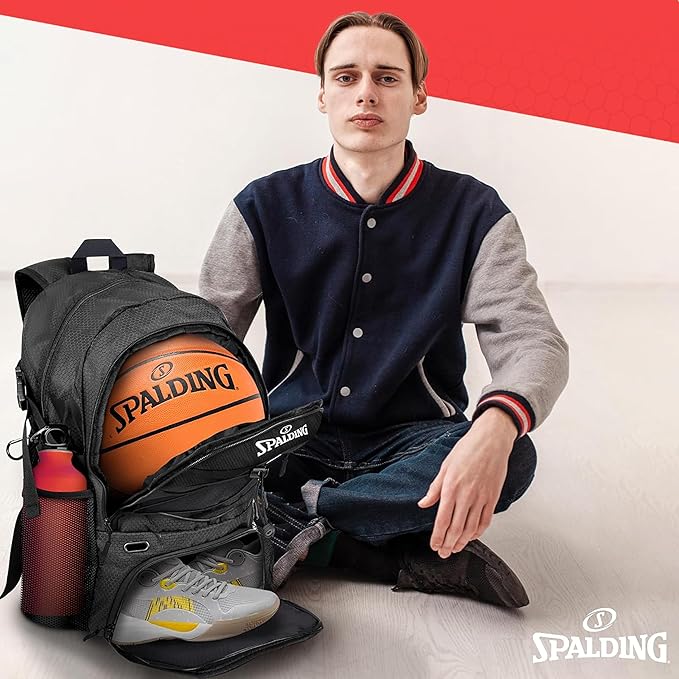 Spalding Basketball Backpack Sports Bag Ultimate Edition | Large Black Backpack with Shoe and Ball Compartment | Use for Sport Accessories and Stuff | Improved Material | Gifts for Basketball Players