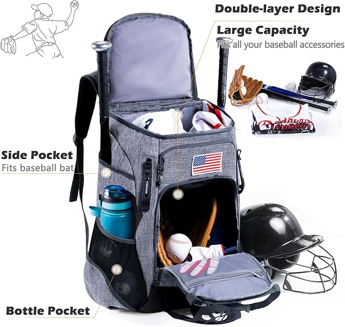| Baseball Bag Softball Bat Bag, Double-layer Baseball Backpack Adult with Gear Klip To Hold Baseball Glove, Baseball Essential Gear, Youth Baseball Bag for Boys, Girls, Baseball Accessories