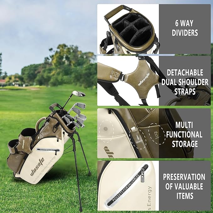 WOSOFE PU Golf Bag with 6/14 Way Top Dividers Automatically Adjustable Dual Straps Elegant Design for Men Women Pu Golf Stand Bag with Multiple Pockets