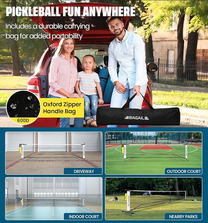 BAGAIL Portable Pickleball Net Set, 22 FT Regulation Size Pickle Ball Net with Ball Collector, 4 Balls and Carry Bag, Easy Setup for Outdoor Indoor Driveway