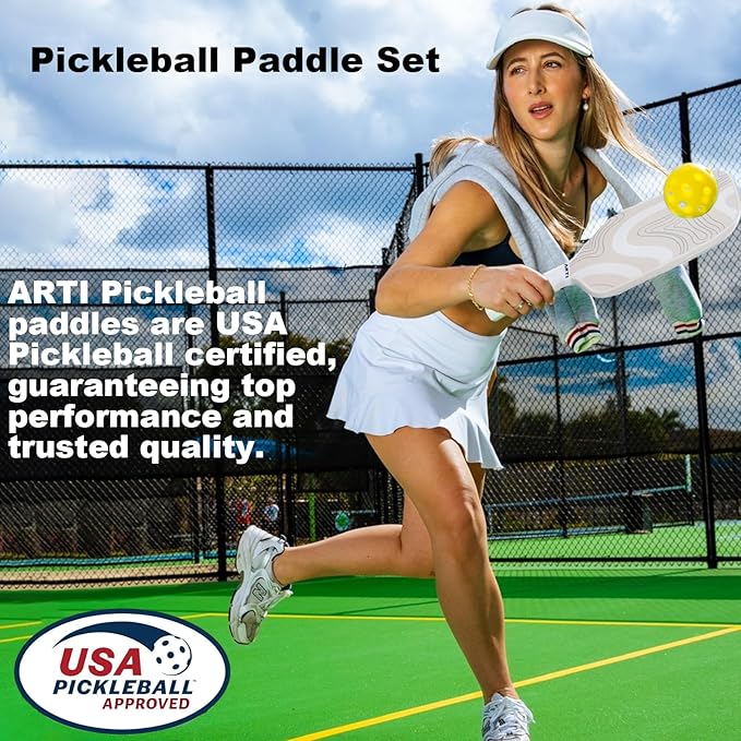 ARTI Pickleball Paddles Set of 2-USAPA Approved Fiberglass Surface Pickleball Set,2 Pickleball Rackets, 4 Balls and 1 Portable Carry Bag