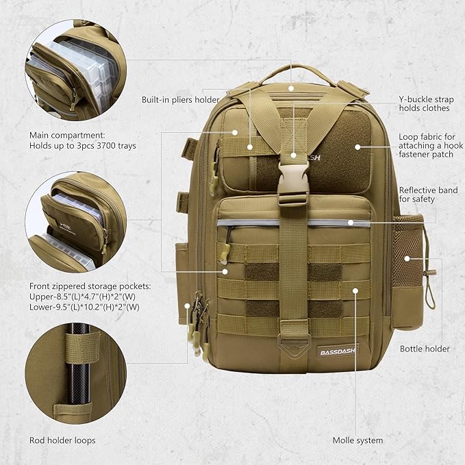 BASSDASH Convertible Fishing Backpack Sling Bag with Rod Holder, Adjustable Tactical Water-Resistant Tackle Storage Pack FP07