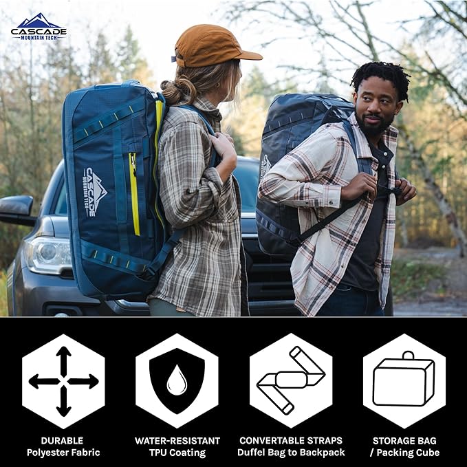 Cascade Mountain Tech 60L Duffle Bag, Convertible Travel Duffel Bag for Men Women, Water Resistant & Tear Resistant