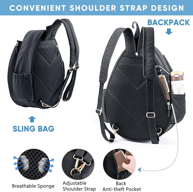 Tennis Backpack with 2 Rackets Holder, Water-Resistant PU Leather Tennis Racket Bag for Women & Men, Sling Crossbody Sports Backpack for Tennis, Pickleball & Badminton, Tennis Gifts