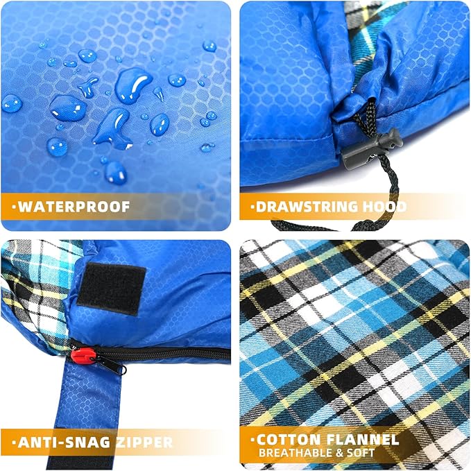 Cotton Flannel Lined Sleeping Bag for Adults Teens Kids, Cold Weather &Warm, 3 Seasons, Lightweight Compact Camping Essentials Equipment, Hiking, Outdoor, Travel