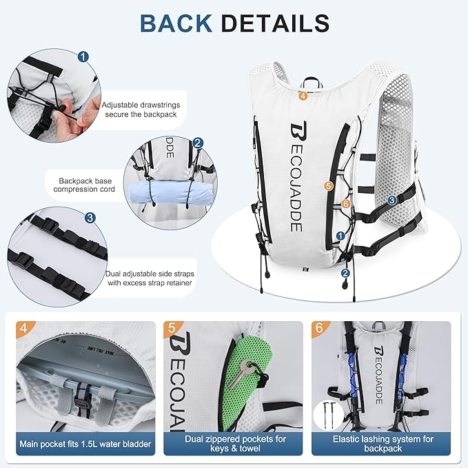 BECOJADDE Running Vest Hydration Backpack for Men Women, 5L Lightweight Running Backpack Hydration Pack for Marathon, Trail, Cycling, Hiking, Jogging