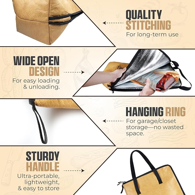 BBQ Blanket for Resting Meat – Insulated Reusable Smoker Bag with Wide Mouth, Foldable Design & Handles Heavy-Duty – Perfect for Brisket, Pork, Turkey, Beef, Steak, Picnics & Camping (21in)