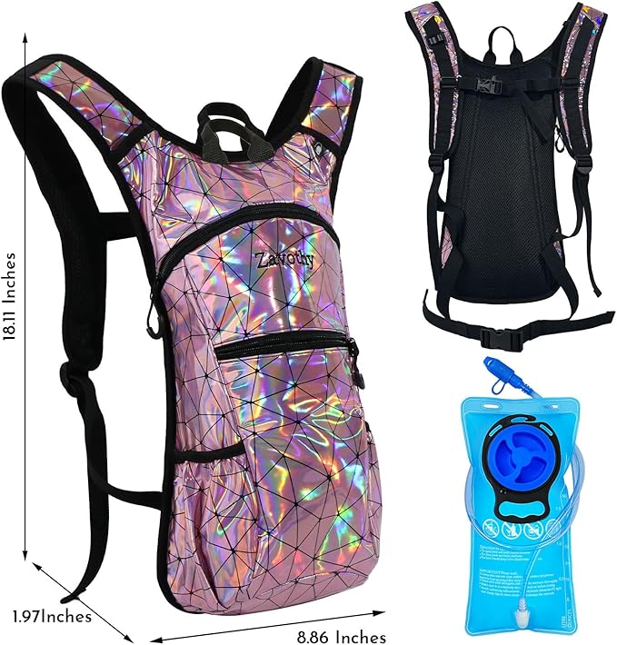Zavothy Rave Hydration Backpack with 3L Bladder, Colorful Festival Hydration Pack with Side Pockets, Lightweight Water Backpack for EDM, Music Festivals, Hiking & Cycling