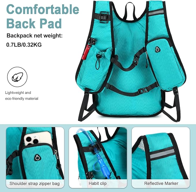 BOVIP Lightweight Hydration Back,15L Multipurpose Hiking Backpack with 1.5L Water Bladder ,Hydro Water Daypack for Cycling Hiking Rave for Men Women