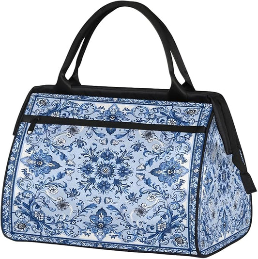 Travel Duffle Bag, Ethnic Mandala Blue Flower Overnight Weekender Tote Bag for Women Men Waterproof Carry On Luggage with Zipper Lightweight Sport Gym Bag for Traveling Yoga Camping Traveling Gifts