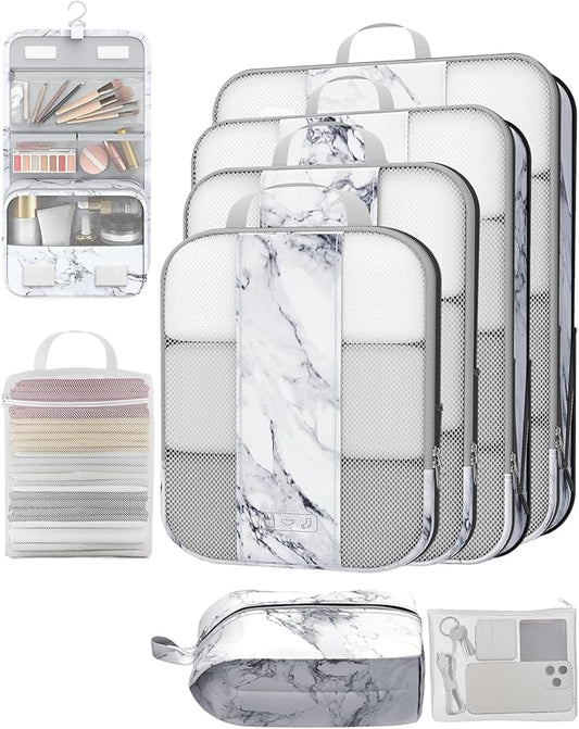 8 Set Compression Packing Cubes for Travel Essentials,Compressible Expandable Packing Cubes for Suitcase,OlarHike Luggage Organizer Bags for Travel,Handy Helper for Organizing Clothes(White Marble)