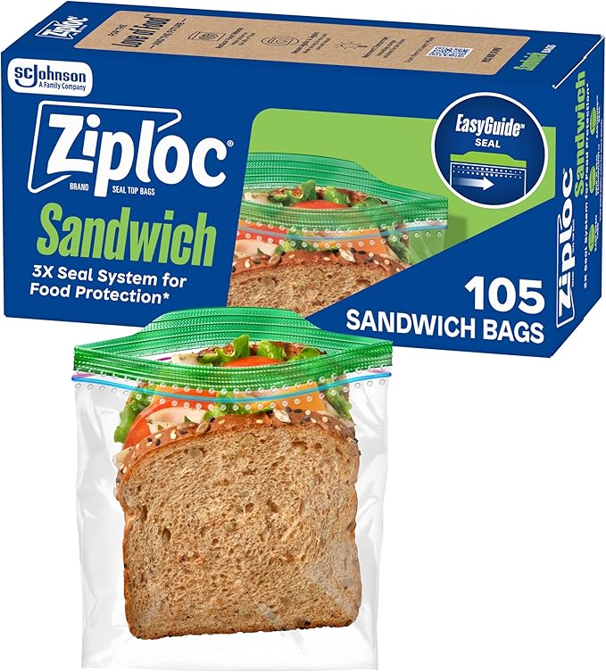 Ziploc Sandwich and Snack Bags with EasyGuide Texture, Plastic Storage Bags with Grip 'n Seal Technology, 105 Bags Total