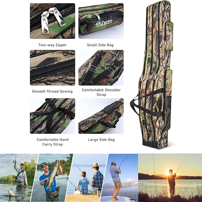 3 Layers Fishing Pole Bag,Portable 3 Layers Oxford Folding Rod Carry Case,Fishing Reel Tackle Storage Bag Case