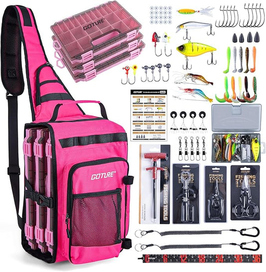 Goture OpenSide Tactical Sling Tackle Bag with 3 Tackle Trays and Fishing Tools, Lightweight Fishing Backpack Storage for Gear and Equipment - Pink Bag Outdoor, Gift for Women