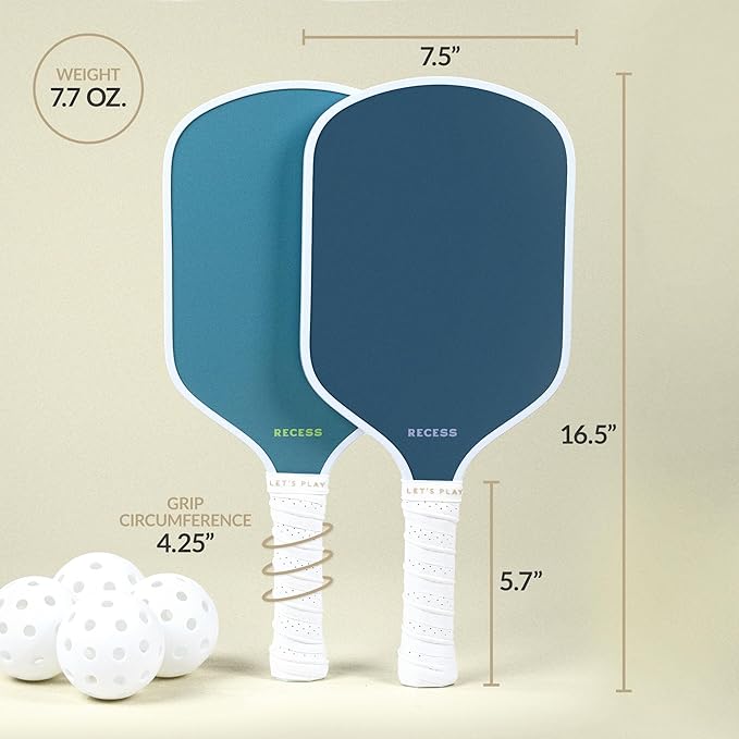 Recess Pickleball Starter Set of Premium Pickleball Paddles and Four (4) Pickle Balls - Lightweight, Honeycomb Core & Comfort Grip Handles - Perfect for Beginners