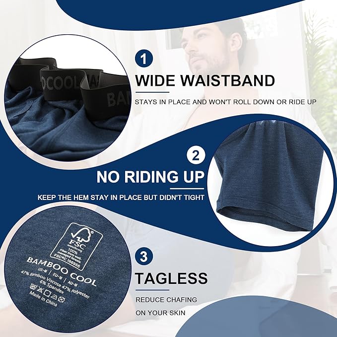 BAMBOO COOL Men's Underwear Breathable Boxer Briefs with Fly Moisture-Wicking Lightweight Underwear 7-Pack