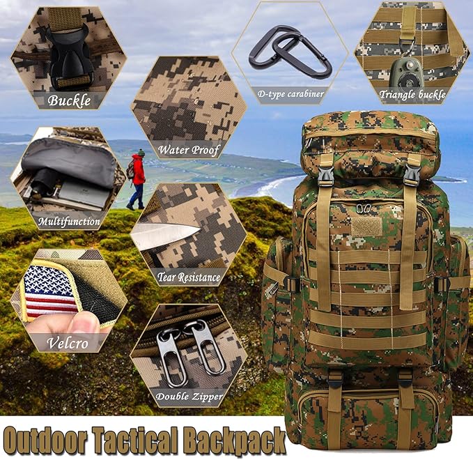 70L Hiking Backpack for Men, Waterproof Lightweight Camping Backpack, Military Rucksack with Molle, 3-Day Assault Pack for Travel, Climbing, Outdoor Sports (Green Camouflage)