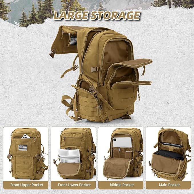 AUMENTAR 35L Military Tactical Backpack for Men,Water Resistant Assault Pack for Women,Khaki Molle Daypack 3 Day Bug Out Bag Rucksack for Trekking, Camping,Survival,EDC