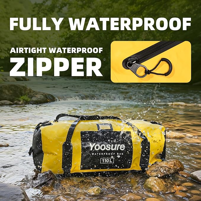 110L Waterproof Duffel Bag 35IN - Airtight Zipper Dry Bags, Extra Large Dry Bag with Straps&Handles for Camping Boating Kayaking Rafting Canoeing Gym Beach Car Roof Storage (Black)