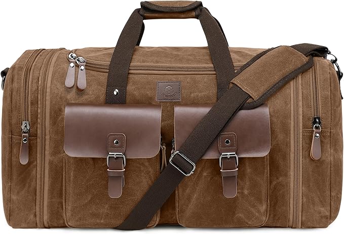 Canvas Duffle Bag for Men 60L Travel Duffel Bags Expandable Genuine Leather Duffel Overnight Weekender Carry On Bag Two Zipper Pockets Travel Bag (Vintage Dark Brown, X Large-60L)