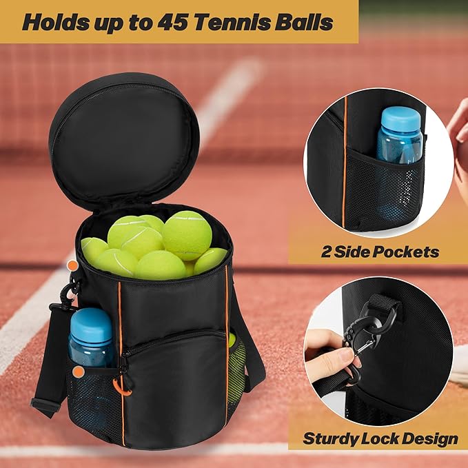 DSLEAF Tennis Ball Bag with Sturdy Bottom, Baseball & Lacrosse Ball Bag with Multiple Pockets and Portable Shoulder Strap for Tennis, Baseball, Lacrosse,Pickle Ball and Table Tennis Training