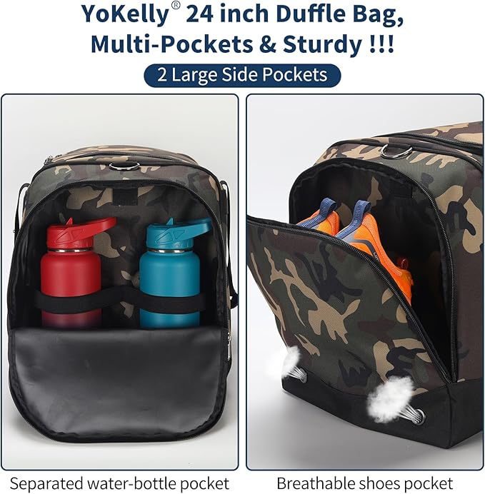 24 inch Large Gym Bag for Men - 65L Hard Bottom Duffle Bag with Shoes Compartment for Sport/Travel - Camo