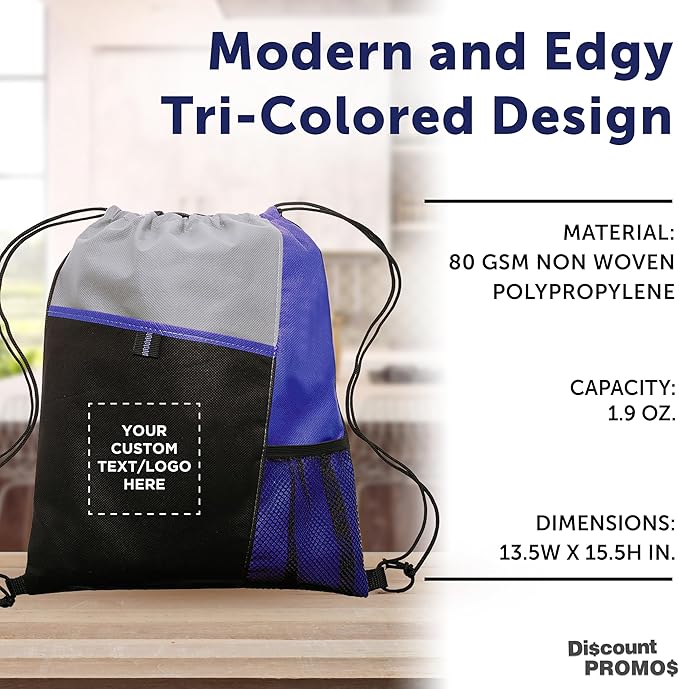 DISCOUNT PROMOS Custom Non-Woven Drawstring Backpacks Set of 10/50/100, Personalized Bulk Pack
