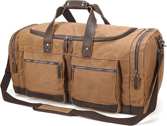 Polare 26” Waxed Canvas Cowhide Leather Waterproof Travel Duffel Bag Trim Luggage Weekender Overnight Carry on Hand Bag (Brown-26")