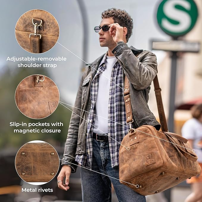 Berliner Bags Vintage Genuine Leather Duffle Bag Oslo for Travel or the Gym, Weekender, Travel Bag, Overnight Bag for Men and Women - Brown