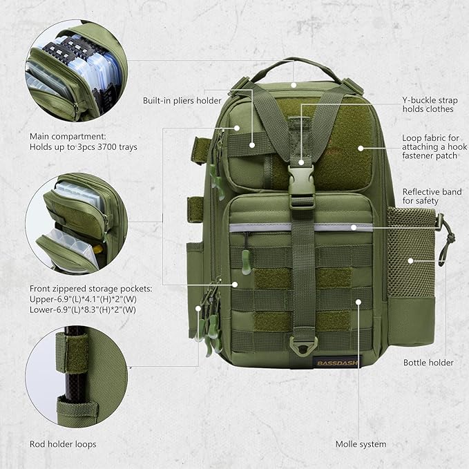 BASSDASH Convertible Fishing Backpack Sling Bag with Rod Holder, Adjustable Tactical Water-Resistant Tackle Storage Pack FP07