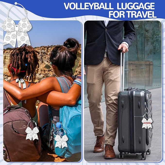 12 Pcs Volleyball Bow Luggage Tags for Volleyball Travel Suitcase Labels with Metal Ring 2.75in Volleyball-Related Keychain PVC Name ID Card and DIY Pocket Hug Card for Men Women Travel Bag Suitcase
