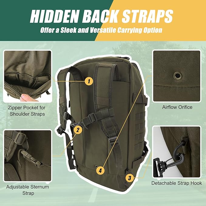 55L Large Travel Gym Duffle Bag Military Tactical Backpack, Army Pack 3 Day Bug Out Bag Rucksack for Outdoor Sport Hiking Camping with Molle System, Olive