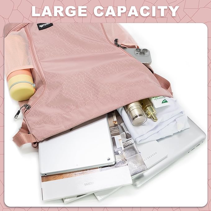 HOLYLUCK Drawstring Backpack with Shoe Compartment, Gym Bag Backpack for Women Men, Cinch Swim Beach Bag String Sports Bag for Soccer and Basketball, Pink