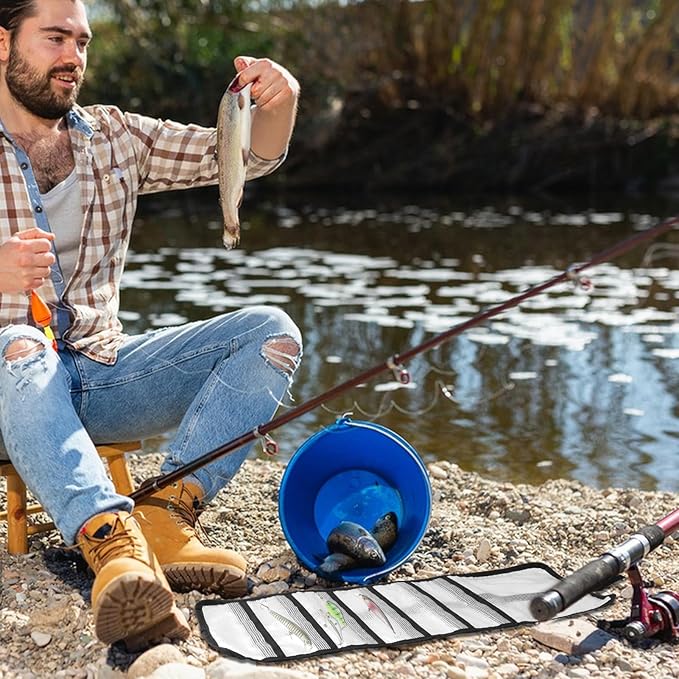 12 Pocket Roll Up Fishing Lure Wraps Set, Portable Durable Lure Bag Clear PVC Lure Wrap Protective Cover Saltwater Hook Covers Fabric Lure Protector Trolling Lure Tackle Box for Fishing Rod