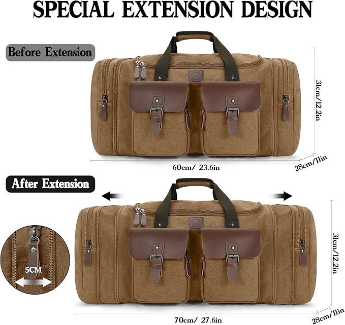 Canvas Duffle Bag for Men 60L Travel Duffel Bags Expandable Genuine Leather Duffel Overnight Weekender Carry On Bag Two Zipper Pockets Travel Bag (Coffee, X Large-60L)