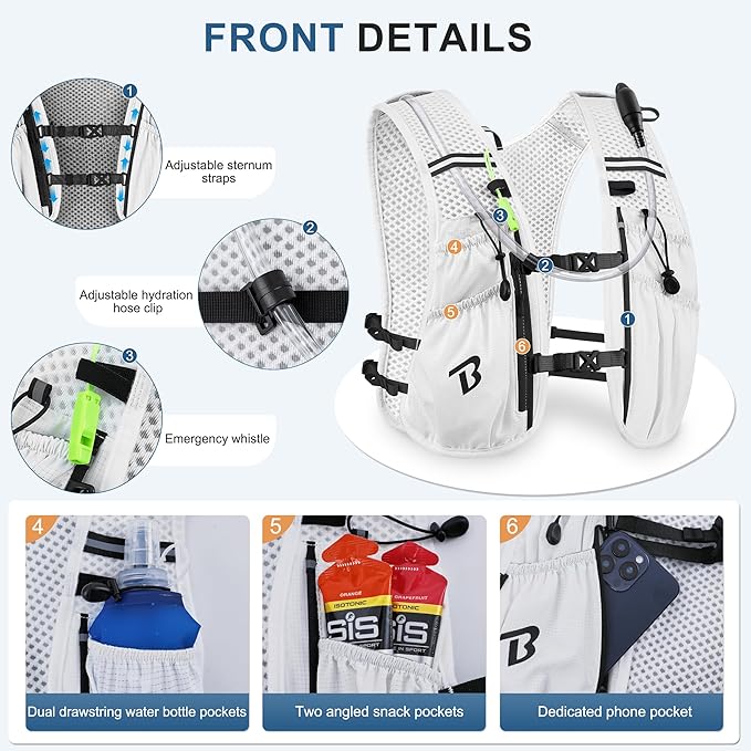BECOJADDE Running Vest Hydration Backpack for Men Women, 5L Lightweight Running Backpack Hydration Pack for Marathon, Trail, Cycling, Hiking, Jogging