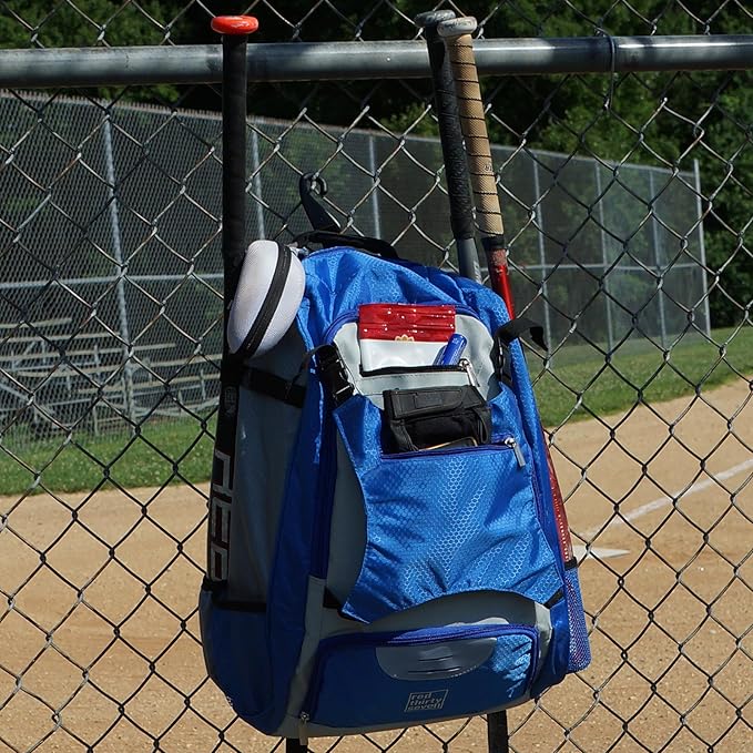 Baseball Backpack with Cleat/Shoe Pocket | Large Capacity | 19.5" T x 14" W x 7.5" D | Holds 4 Bats | External Helmet Storage | 3 Extra Zipper Pockets for Sunglasses, Seeds, Cell Phone (Blue/Gray)