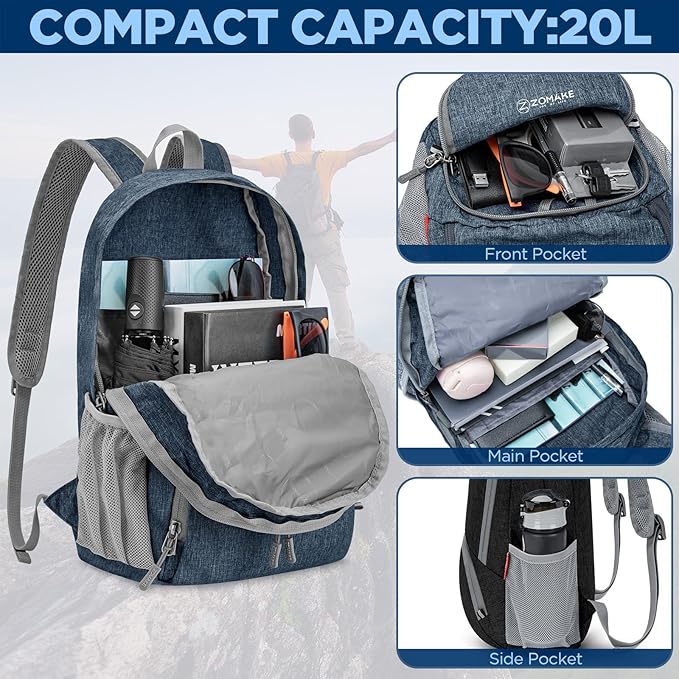 ZOMAKE Ultra Lightweight Packable Backpack 20L,Small Foldable Backpacks Hiking Water Resistant Collapsible Daypack for Women Men(Navy Blue-A2)
