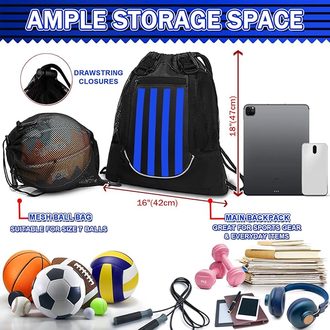 KAEGREEL Drawstring Soccer Bag Basketball Backpack for Kids Teens, Foldable Sports Bags Detachable Ball Mesh Bag for Gym Yoga Football Baseball
