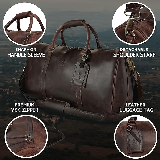 Leather Holdall Bags for Men - Travel Overnight Duffle - Weekend Carry On Suitcase - Underseat Flight Cabin Duffel Bag, Mulberry, L, Leather Overnight Bags for Men