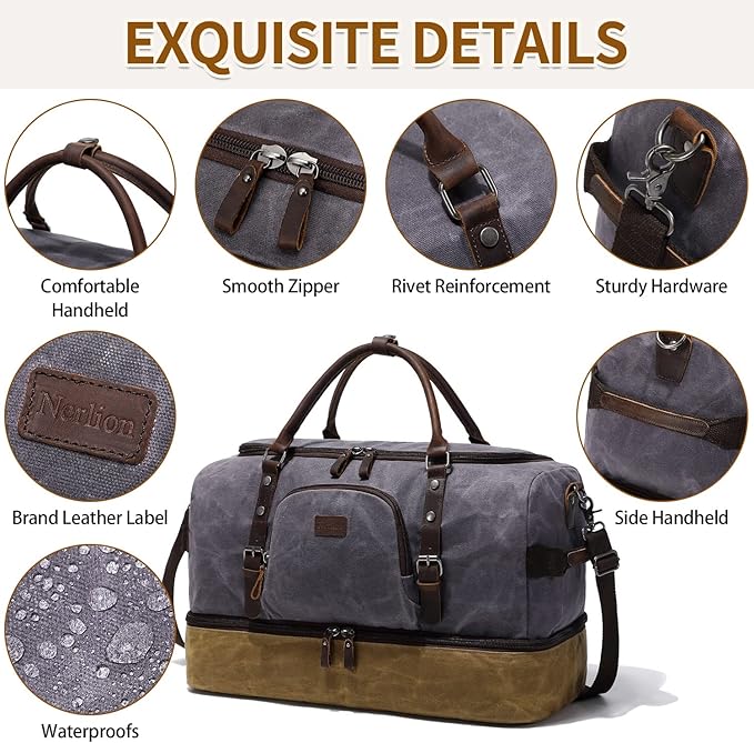 Nerlion Weekender Bag with Shoe Compartment Large Overnight Bag for Men Canvas Genuine Leather Carry on Luggage Bag Travel Duffel Bag(Gray)
