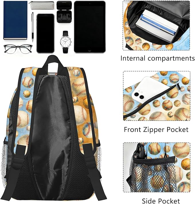 Baseball Backpack for Kids & Youth, 16 Inch Tennis-Themed School Bookbag, Lightweight Polyester Daypack with Front Zip Pocket, Side Bottle Pocket, Padded Adjustable Straps, Unisex