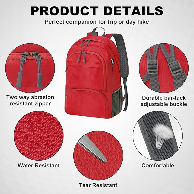 HOLYLUCK 20L lightweight packable Hiking Daypack Foldable Backpack for Men Women Small Travel Outdoor Foldable Shoulder Bag-red