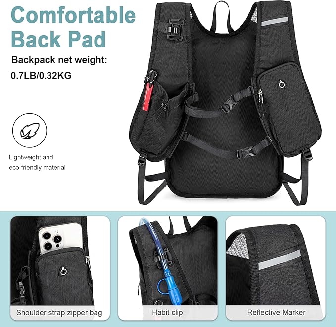 BOVIP Lightweight Hydration Back,15L Multipurpose Hiking Backpack with 1.5L Water Bladder ,Hydro Water Daypack for Cycling Hiking Rave for Men Women