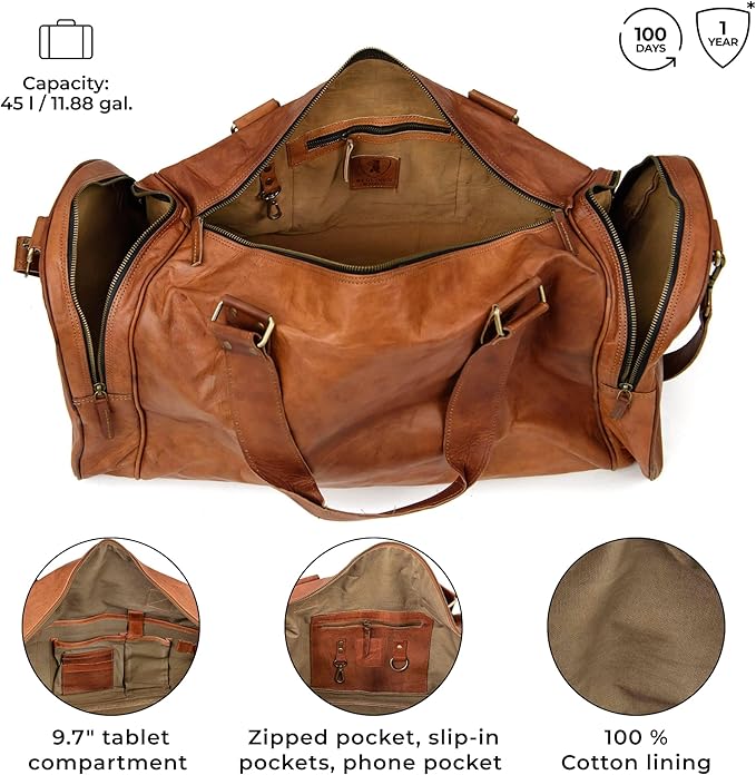 Berliner Bags Vintage Genuine Leather Duffle Bag Bergen for Travel or the Gym, Weekender, Travel Bag, Overnight Bag for Men and Women - Brown