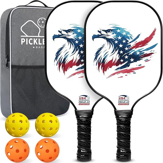 BAGAIL Pickleball Paddles, USAPA Approved Fiberglass Surface Pickleball Set, Lightweight Pickle Ball Rackets with 4 Balls, 1 Bag, Designed in California for Traction and Stability